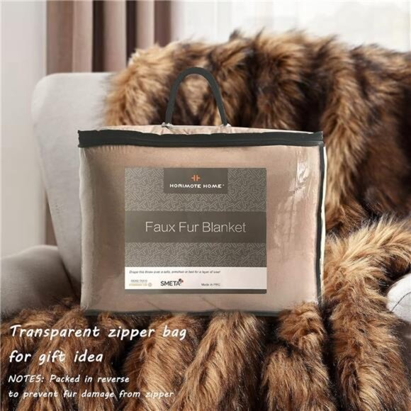 Luxury Plush Faux Fur Throw Blanket, Long Pile Brown with Black Tipped Blanket - Picture 6 of 8